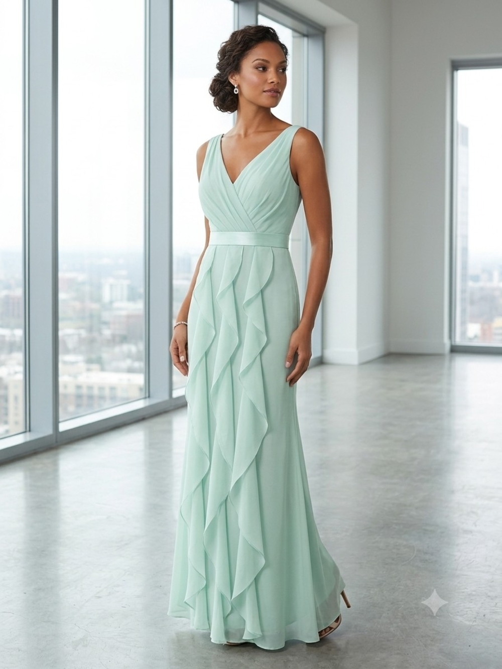 White by Vera Wang Mint Green V-Neck Ruffled Chiffon Maxi Dress